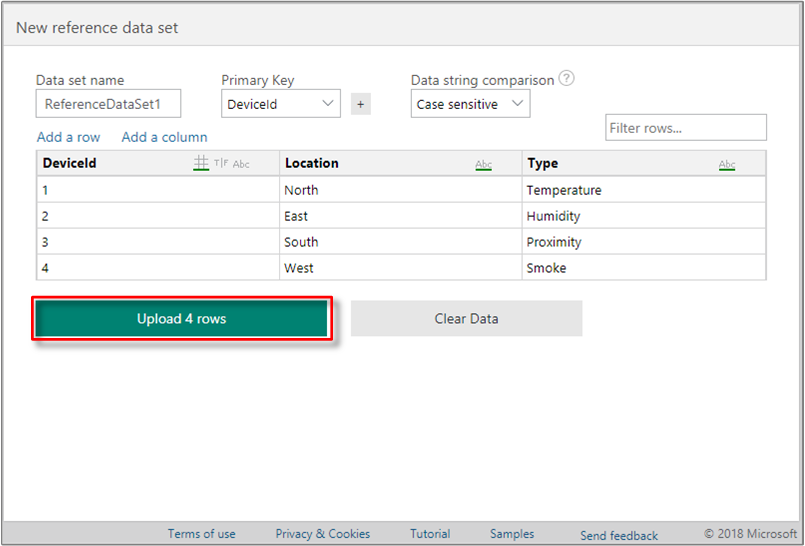 Upload rows and confirm data.