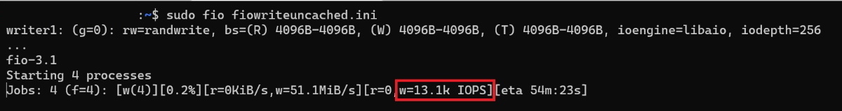 Number of write IOPS VM and premium SSDs are delivering, shows that writes are 13.1k IOPS.