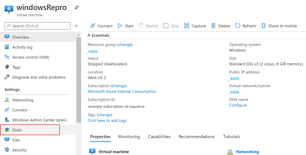 Screenshot that shows the Disks option selected in the Settings section of the menu.