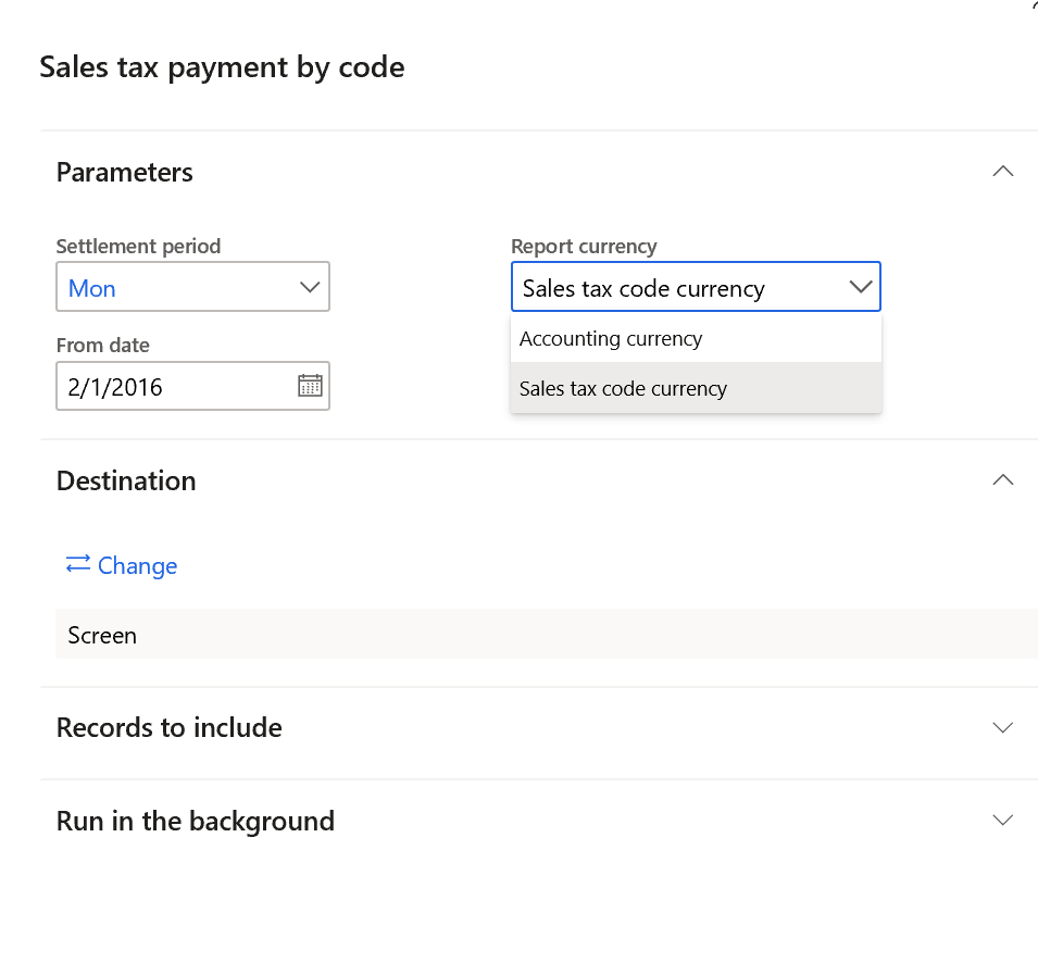 Sales tax payment by code dialog box.