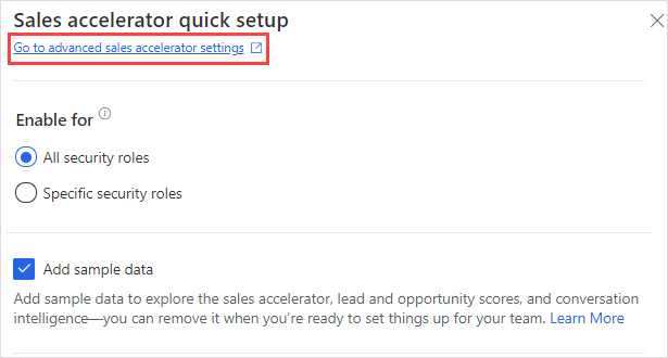 विक्रय एक्सीलरेटर के लिए त्वरित सेटअप पैनल में उन्नत सेटिंग्स लिंक।