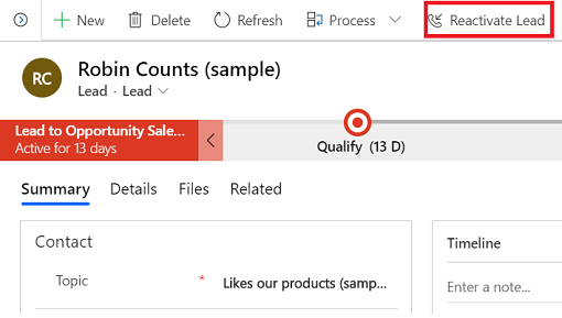 Dynamics 365 Sales में लीड को पुनः सक्रिय करना दिखाता है.