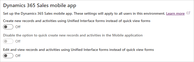 Dynamics 365 Sales मोबाइल ऐप सेटिंग का स्क्रीनशॉट.