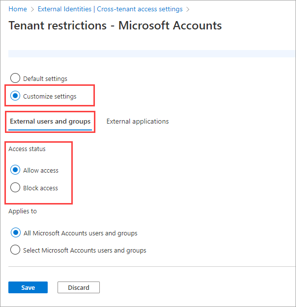 Screenshot showing selecting the external users allow access selections.