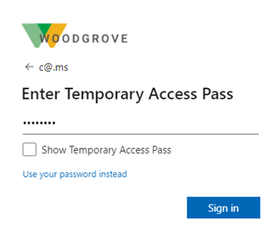 Screenshot of how to enter a Temporary Access Pass.