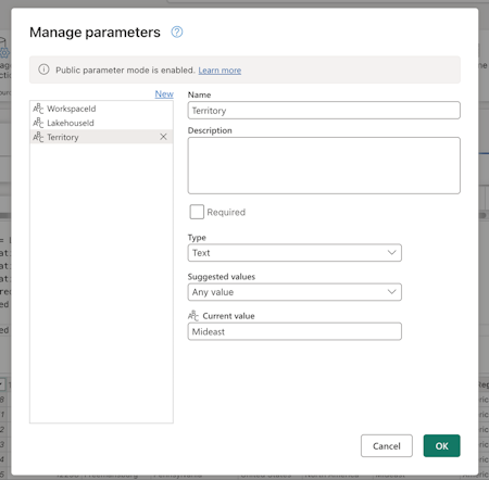 Screenshot of the Territory parameter created inside the Manage parameters dialog.