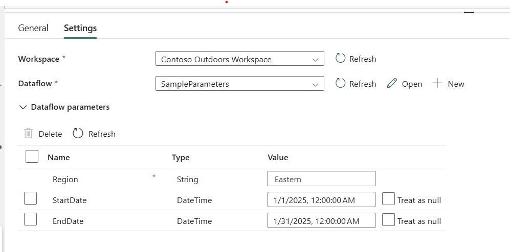 Screenshot of the dataflow activity in Fabric pipelines that enables passing parameters for a Dataflow run.