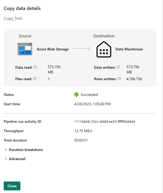 Screenshot showing the run details window.