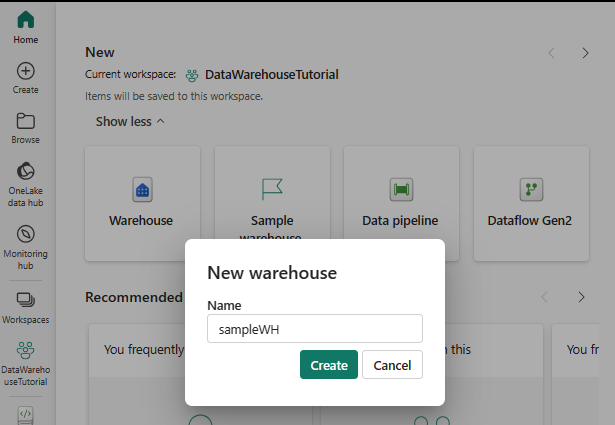 Screenshot showing the Warehouse creation experience in the Home hub.