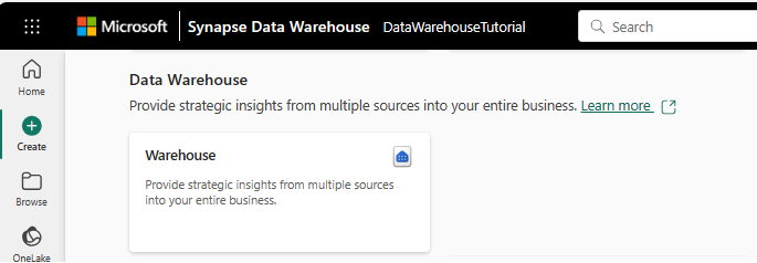 Screenshot showing where to select the Warehouse card in the Create hub.