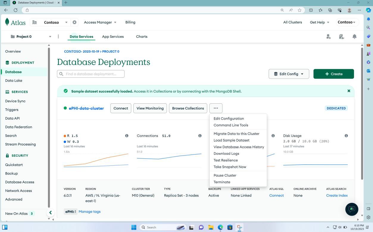 MongoDB Cloud database deployments page with ePHI data cluster usage graphs.