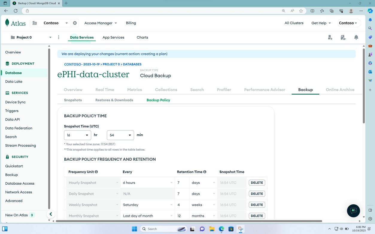 MongoDB Cloud Data Services page with ePHI data cluster backup policy time, frequency and retention settings.