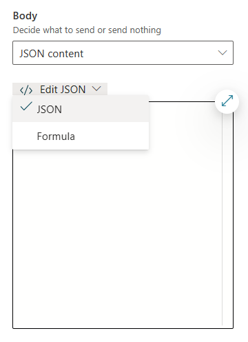 बॉडी सामग्री प्रकार के लिए चयनित JSON सामग्री का स्क्रीनशॉट।