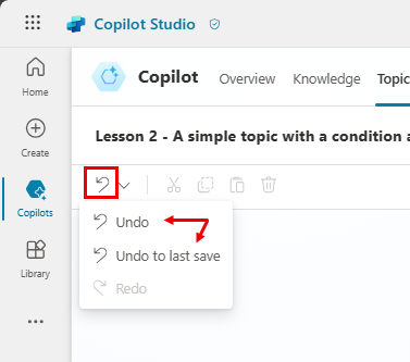  Copilot Studio पूर्ववत करें बटन के स्थान का स्क्रीनशॉट.