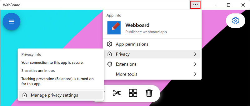 The Privacy submenu of the 'App info' menu