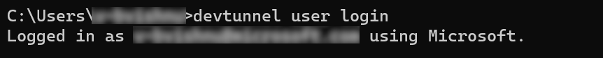 Screenshot shows the devtunnel login.