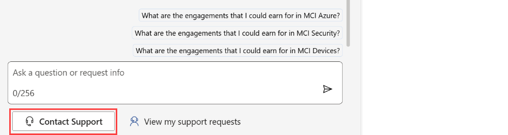 Screenshot showing the Contact Support button at the bottom of the Copilot dialog.