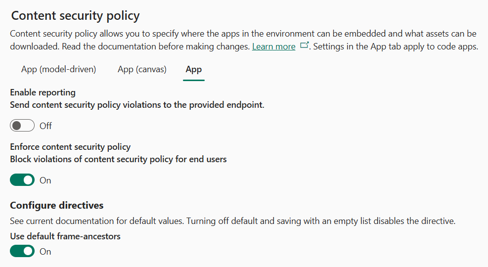 Image of the Code Apps CSP setting UO in the Power Platform admin center