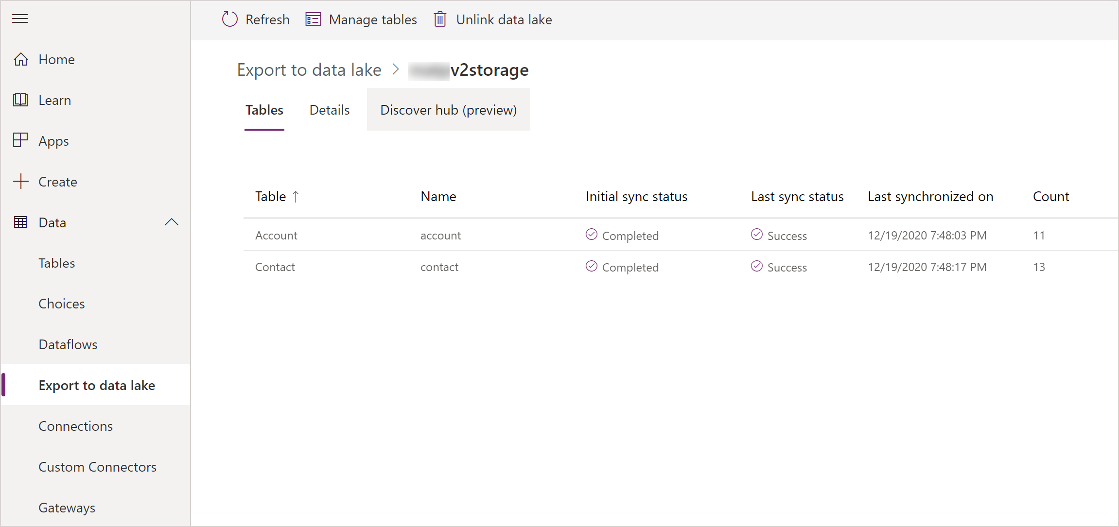 Azure Synapse Link for Dataverse टेबल आयातित.