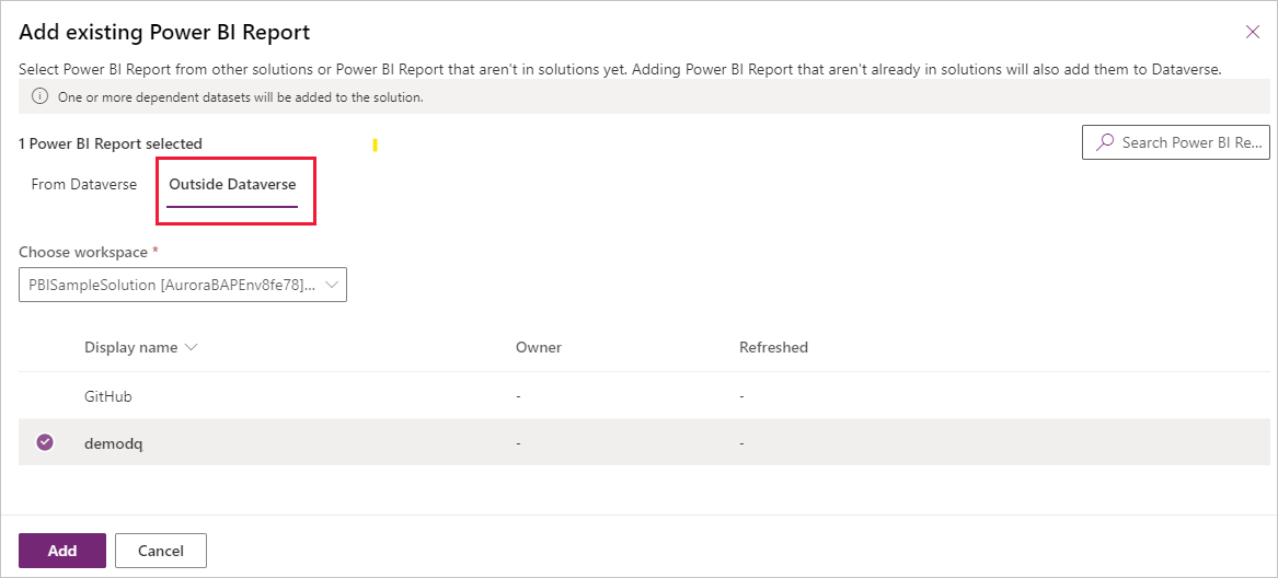 Dataverse से बाहर के Power BI आइटम को चुनने के लिए Dataverse टैब के बाहर का स्क्रीनशॉट.