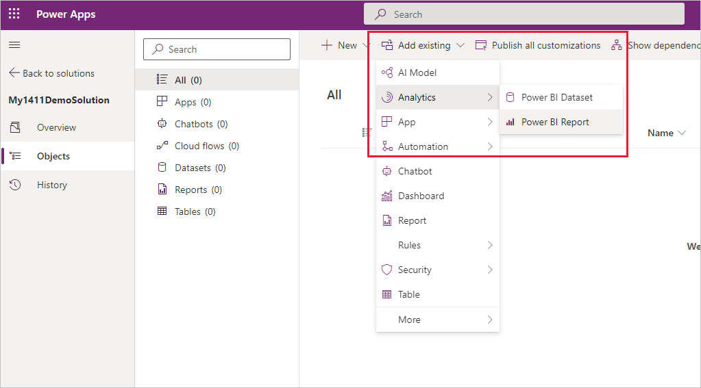 Power BI घटक डेटासेट और रिपोर्ट विकल्प दिखाने वाले विश्लेषण जोड़ें मेनू का स्क्रीनशॉट.