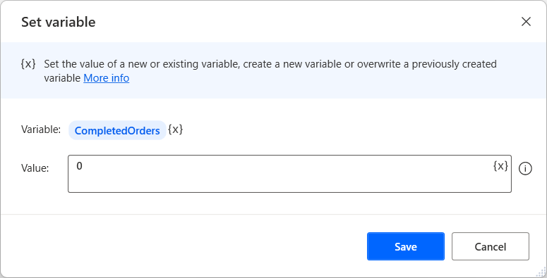 सेट वैरिएबल क्रिया का स्क्रीनशॉट.