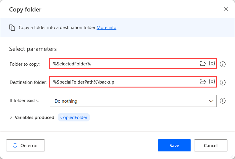 फ़ोल्डर कॉपी करने की क्रिया का स्क्रीनशॉट.