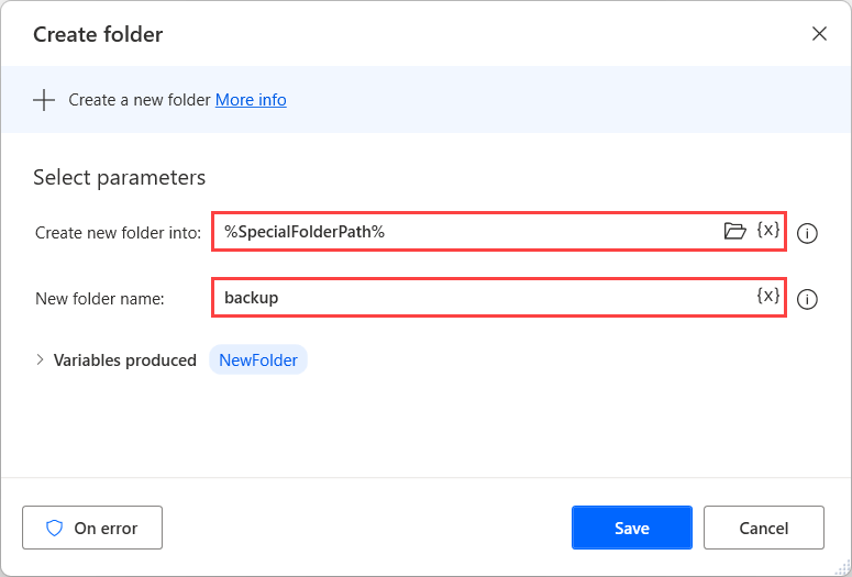फ़ोल्डर बनाएँ क्रिया का स्क्रीनशॉट.