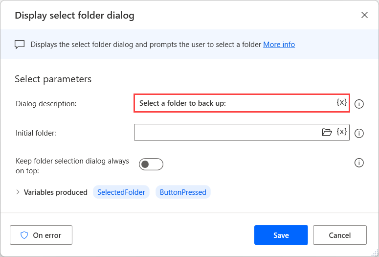 चयनित फ़ोल्डर संवाद क्रिया प्रदर्शित करने का स्क्रीनशॉट.