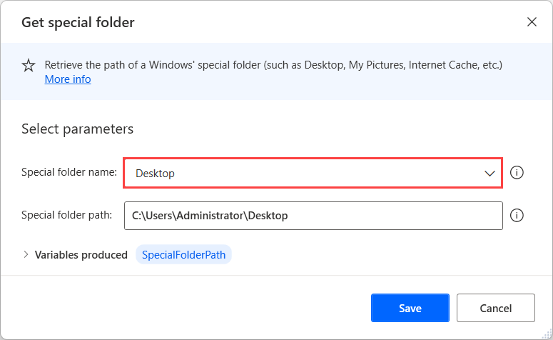विशेष फ़ोल्डर प्राप्त करें कार्रवाई का स्क्रीनशॉट.