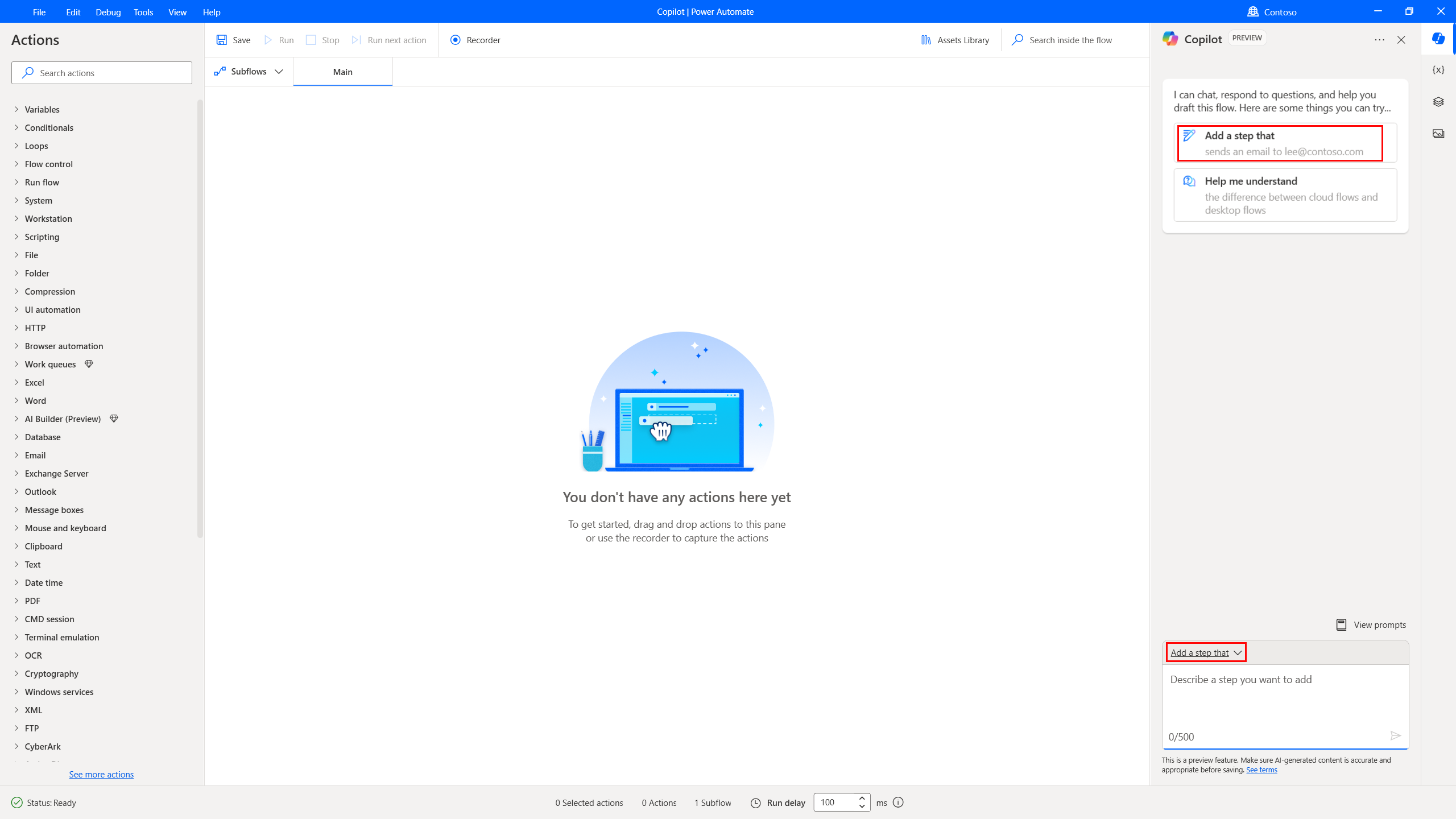 स्क्रीनशॉट जिसमें कोपायलट साइड पैनल के शीर्ष पर ऐड स्टेप बटन और नीचे ड्रॉप-डाउन मेनू दिखाया गया है।