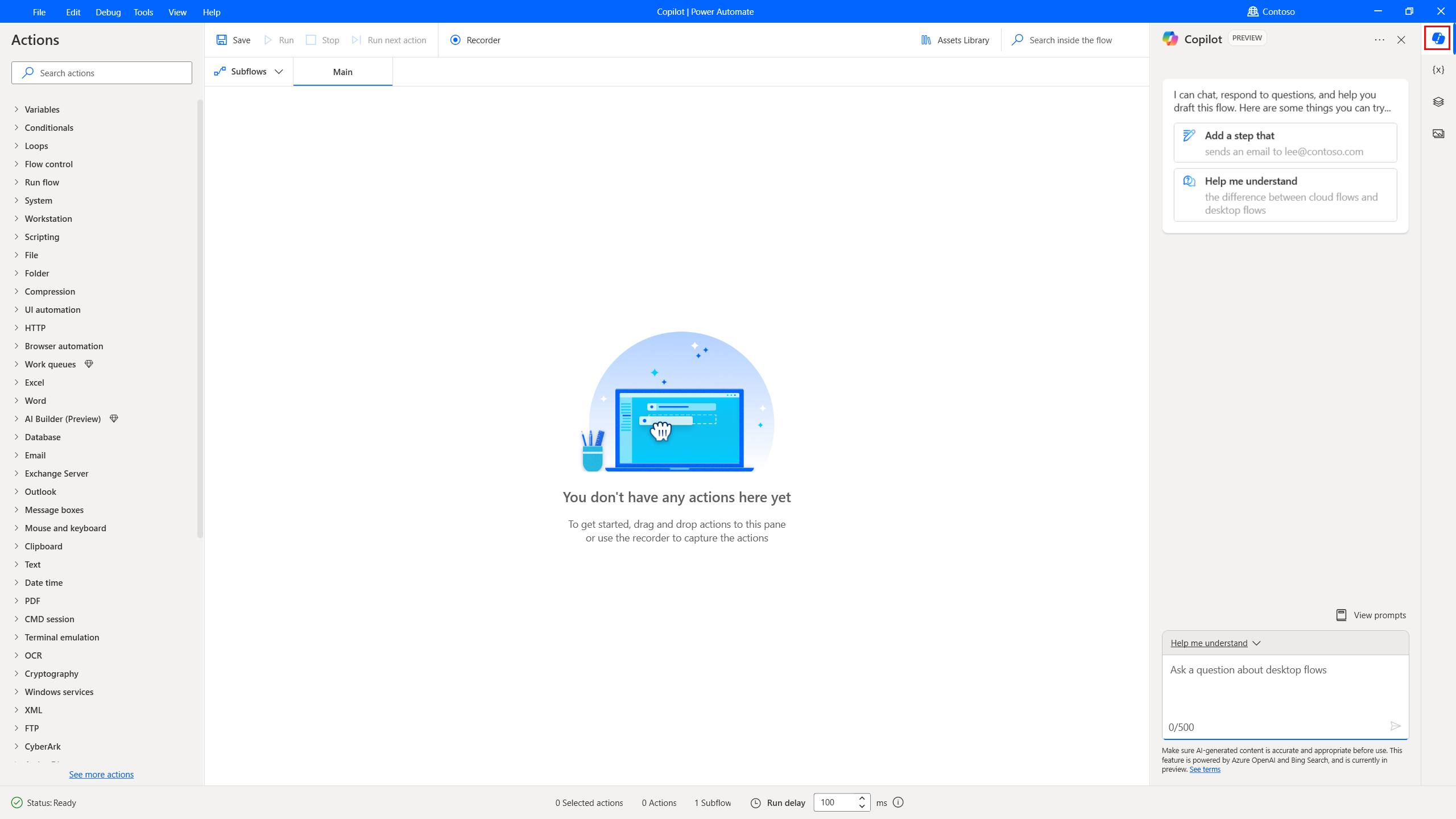 स्क्रीनशॉट जो डिज़ाइनर में कोपायलट बटन का स्थान दिखाता है।