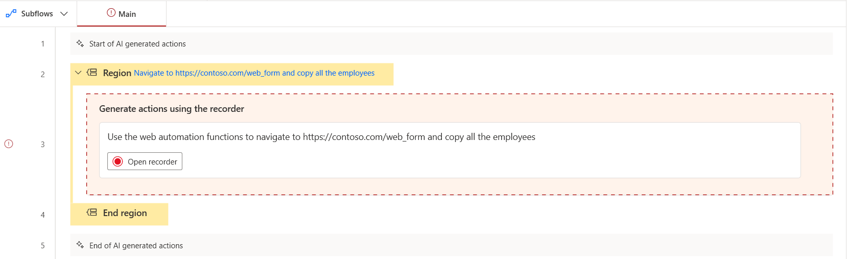 स्क्रीनशॉट जो डेस्कटॉप डिज़ाइनर के लिए रिकॉर्डर प्लेसहोल्डर को दिखाता है। Power Automate 