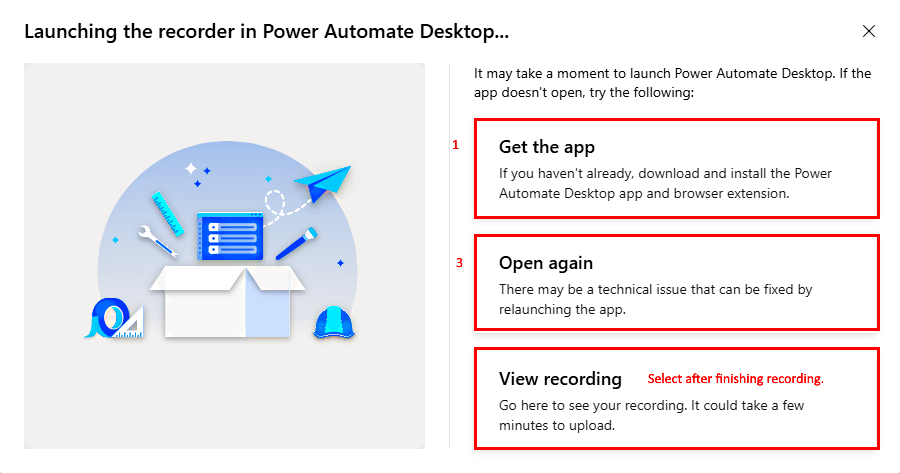 'डेस्कटॉप की स्क्रीन में रिकॉर्डर लॉन्च करना' का स्क्रीनशॉट। Power Automate 