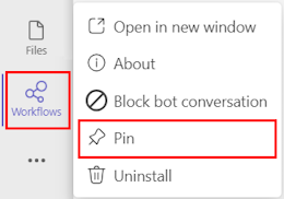 Teams में वर्कफ़्लोज़ ऐप को पिन करने का स्क्रीनशॉट.
