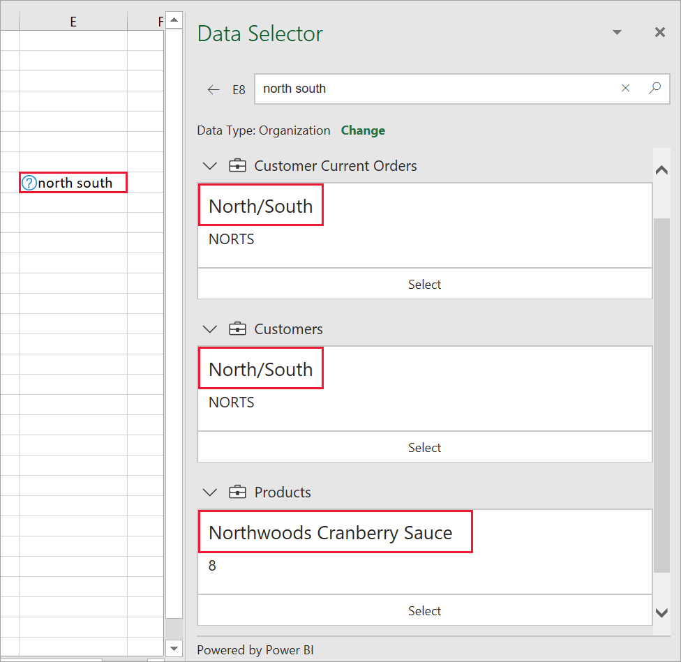 Screenshot of Excel Data Selector pane with multiple possibilities.