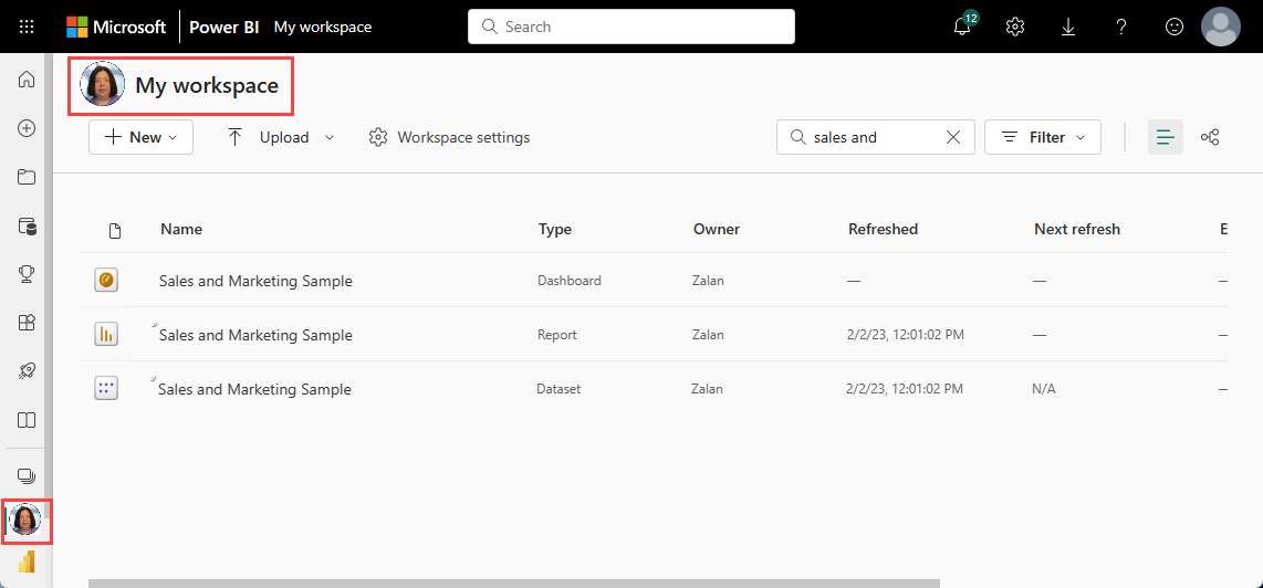 Screenshot shows the Power BI screen with a red border around My workspace.