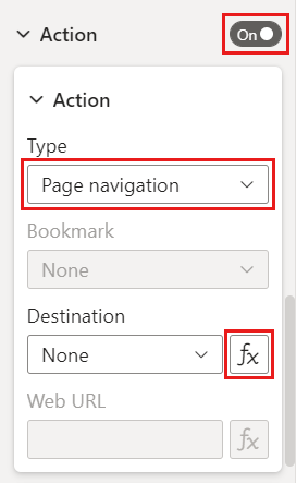 Screenshot of the Format navigator pane with Action turned on. For Type, Page navigation is selected. Under Destination, the fx icon is highlighted.