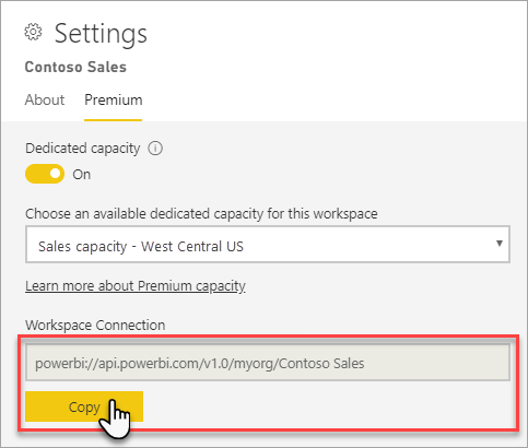 Screenshot showing the settings page. The workspace connection section is highlighted.