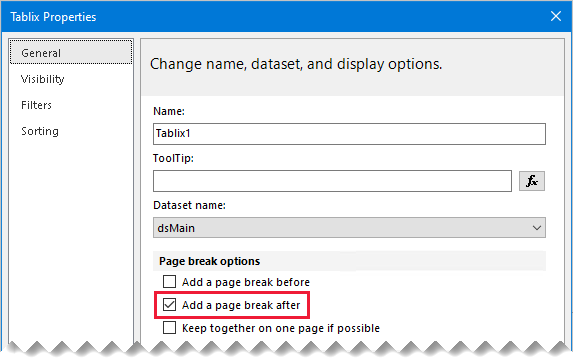 Image shows a tablix Properties window. The "Add a page break after" property is enabled.