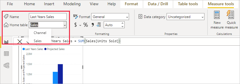 Screenshot showing selection of a table for the measure.