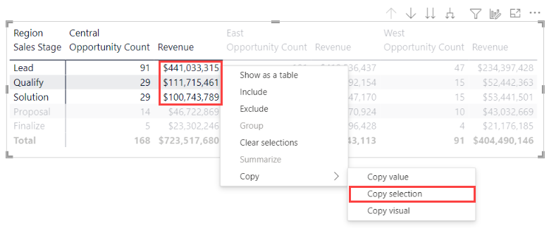 Screenshot of a matrix visual. Three selected rows are called out. In their shortcut menu, Copy selection is called out.