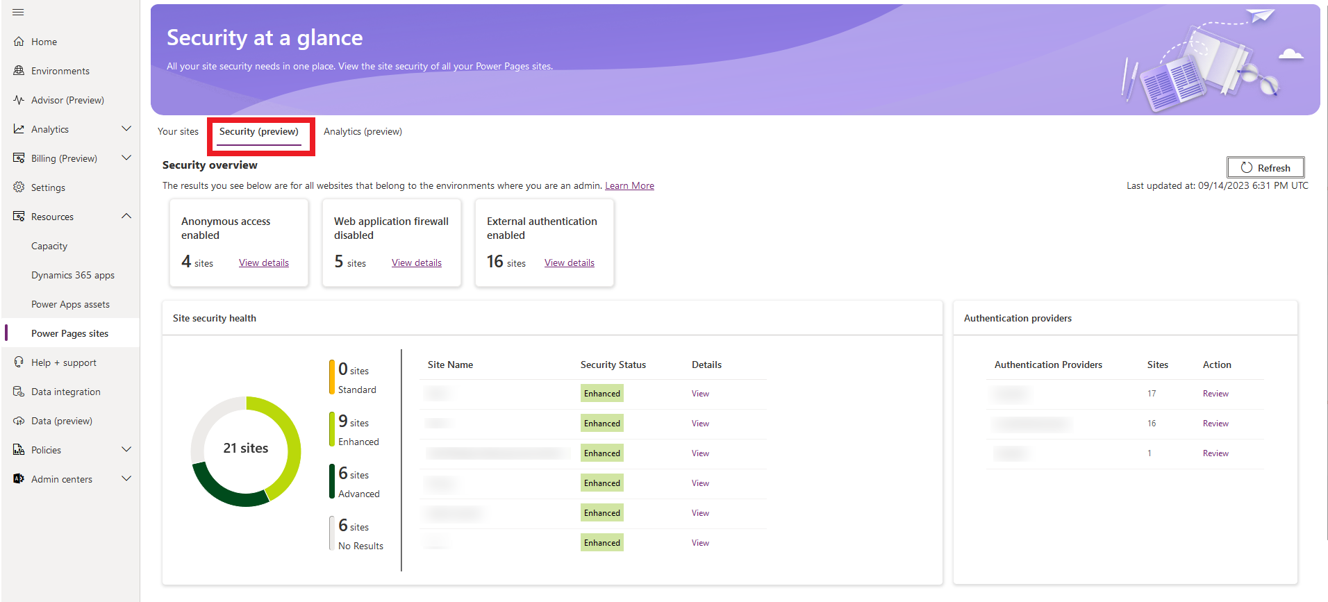  Power Platform व्यवस्थापक केंद्र सुरक्षा टैब का स्क्रीनशॉट.