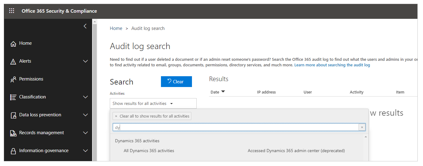  Office 365 ऑडिट लॉग का स्क्रीनशॉट.