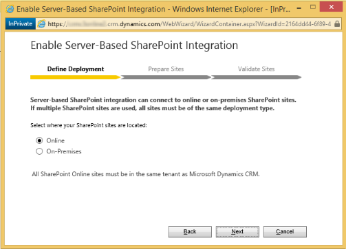  SharePoint साइटों के स्थान के रूप में ऑनलाइन का चयन करें।