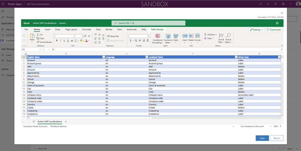 SAP स्ट्रिंग स्थानीयकरण को Excel में निर्यात करें।