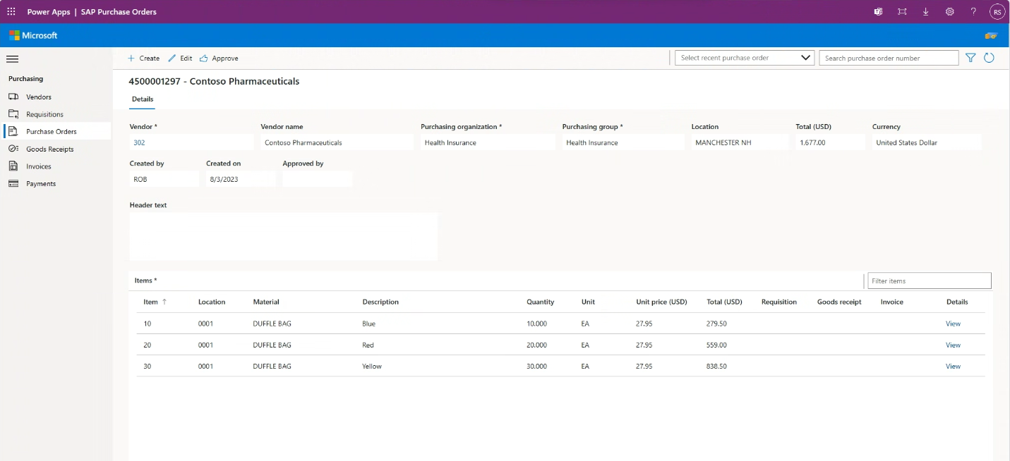  Power Platformके लिए Microsoft के SAP प्रोक्योरमेंट क्रय आदेश ऐप की छवि.