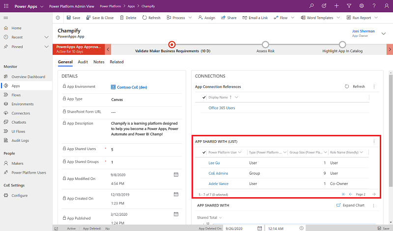 यह देखने के लिए व्यवस्थापक दृश्य का उपयोग करें Power Platform कि कोई ऐप्लिकेशन किसके साथ साझा किया गया है.