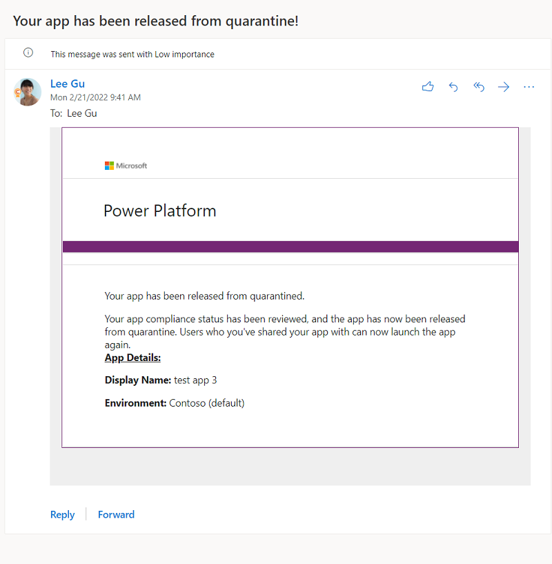 ऐप निर्माता को एक ईमेल सूचना प्राप्त होती है जिसमें उन्हें सूचित किया जाता है कि उनके ऐप को क्वारंटाइन से मुक्त कर दिया गया है।