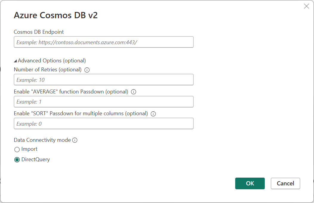 Screenshot of the connection dialog box showing the Cosmos Endpoint entry and Data connectivity mode set to DirectQuery.